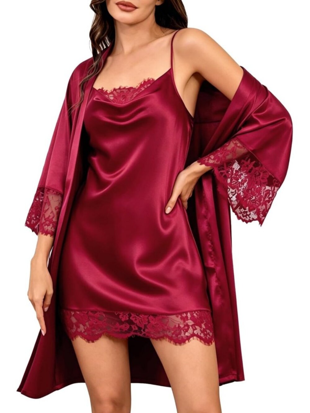 Satin 2-Piece Sleepwear Set: Lace Cami & Sexy Nightgown with Robe for Women